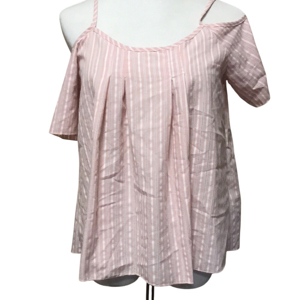 See You Monday Pink White‎ Striped Cold Shoulder Pleated Blouse Top T1107 Mens M